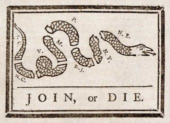 Join, or Die by Benjamin Franklin was recycled to encourage the former colonies to unite against British rule