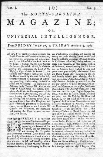 The Sugar Act described in The Newbern Gazette - Friday, 3 Aug 1764