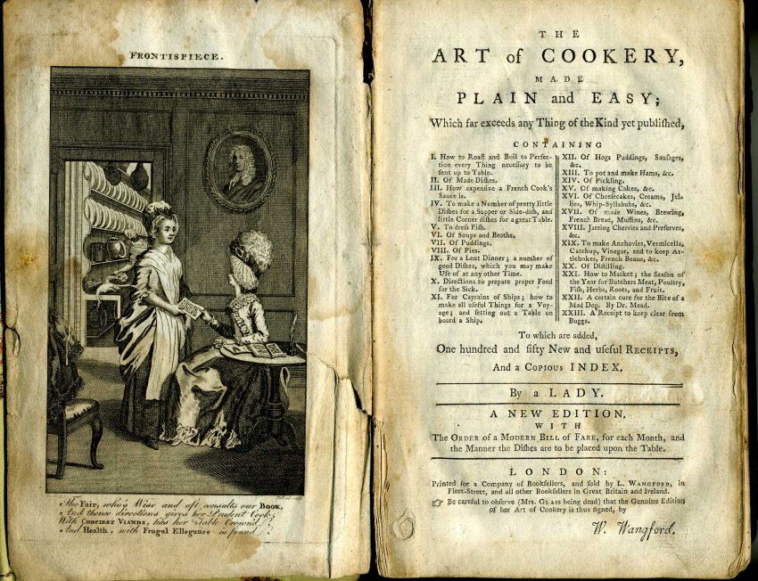 Art of Cookery by Hannah Glasse frontispiece and title page (Image source: Wikipedia)